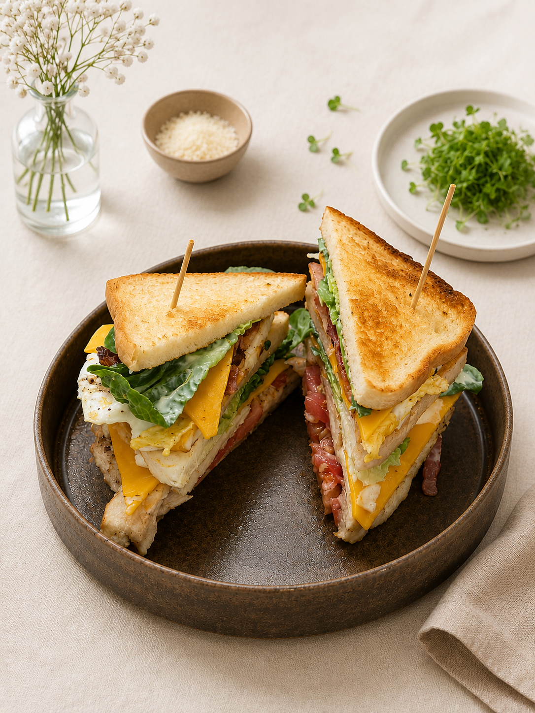 Chrumkavý kurací Club Sandwich s kuracím mäsom, slaninou, vajíčkom, cheddarom, paradajkou a šalátom